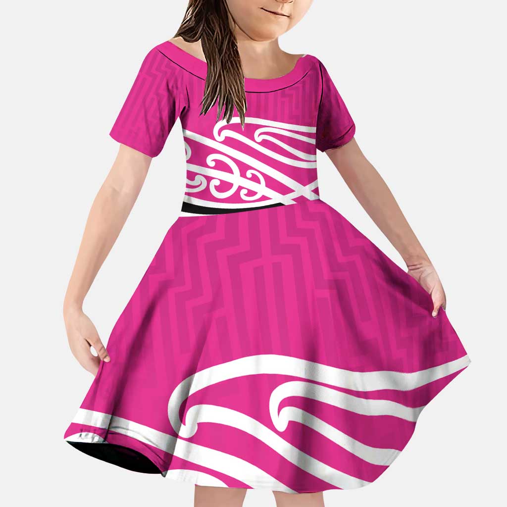All Pink New Zealand Kowhai Ngutukak Family Matching Puletasi and Hawaiian Shirt LT9 Daughter's Dress Pink - Polynesian Pride