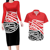 All Red New Zealand Kowhai Ngutukak Couples Matching Long Sleeve Bodycon Dress and Hawaiian Shirt LT9 Red - Polynesian Pride