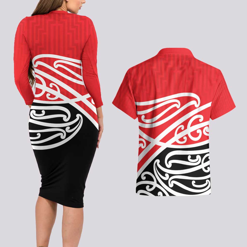 All Red New Zealand Kowhai Ngutukak Couples Matching Long Sleeve Bodycon Dress and Hawaiian Shirt LT9 - Polynesian Pride