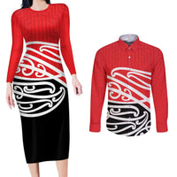 All Red New Zealand Kowhai Ngutukak Couples Matching Long Sleeve Bodycon Dress and Long Sleeve Button Shirt LT9 Red - Polynesian Pride