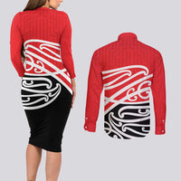 All Red New Zealand Kowhai Ngutukak Couples Matching Long Sleeve Bodycon Dress and Long Sleeve Button Shirt LT9 - Polynesian Pride