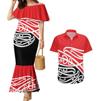 All Red New Zealand Kowhai Ngutukak Couples Matching Mermaid Dress and Hawaiian Shirt LT9 Red - Polynesian Pride