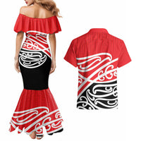 All Red New Zealand Kowhai Ngutukak Couples Matching Mermaid Dress and Hawaiian Shirt LT9 - Polynesian Pride