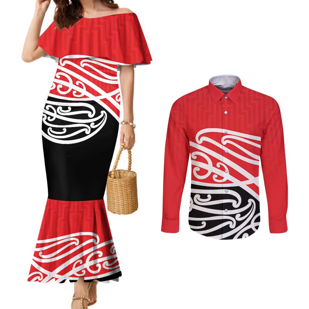 All Red New Zealand Kowhai Ngutukak Couples Matching Mermaid Dress and Long Sleeve Button Shirt LT9 Red - Polynesian Pride