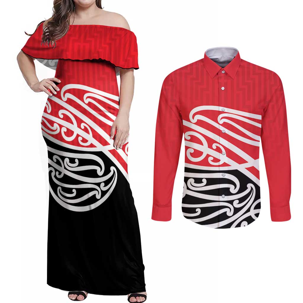 All Red New Zealand Kowhai Ngutukak Couples Matching Off Shoulder Maxi Dress and Long Sleeve Button Shirt LT9 Red - Polynesian Pride