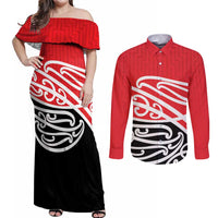 All Red New Zealand Kowhai Ngutukak Couples Matching Off Shoulder Maxi Dress and Long Sleeve Button Shirt LT9 Red - Polynesian Pride