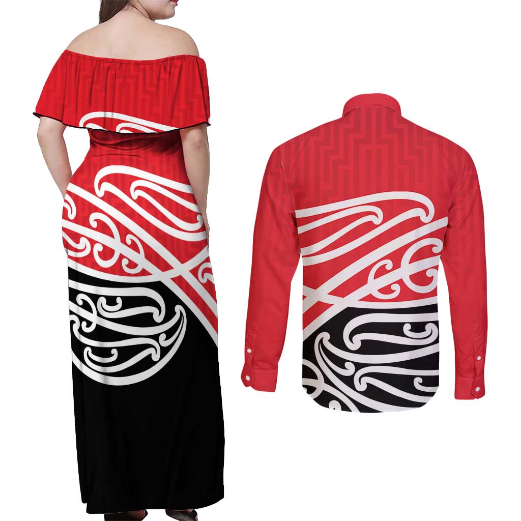 All Red New Zealand Kowhai Ngutukak Couples Matching Off Shoulder Maxi Dress and Long Sleeve Button Shirt LT9 - Polynesian Pride