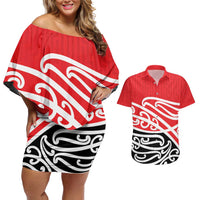 All Red New Zealand Kowhai Ngutukak Couples Matching Off Shoulder Short Dress and Hawaiian Shirt LT9 Red - Polynesian Pride