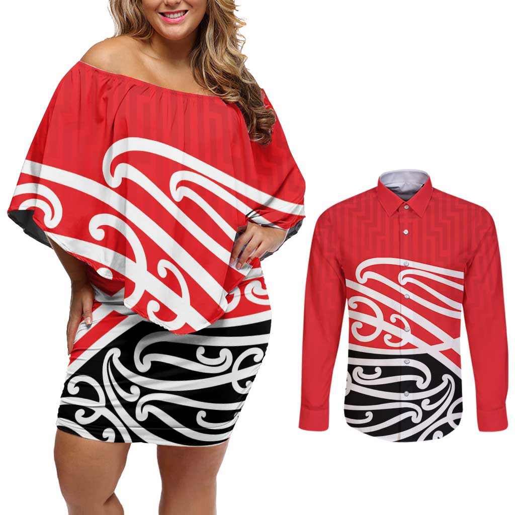 All Red New Zealand Kowhai Ngutukak Couples Matching Off Shoulder Short Dress and Long Sleeve Button Shirt LT9 Red - Polynesian Pride