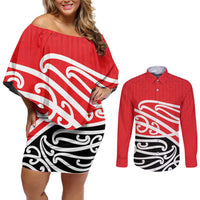 All Red New Zealand Kowhai Ngutukak Couples Matching Off Shoulder Short Dress and Long Sleeve Button Shirt LT9 Red - Polynesian Pride