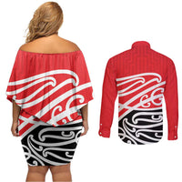 All Red New Zealand Kowhai Ngutukak Couples Matching Off Shoulder Short Dress and Long Sleeve Button Shirt LT9 - Polynesian Pride