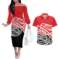 All Red New Zealand Kowhai Ngutukak Couples Matching Off The Shoulder Long Sleeve Dress and Hawaiian Shirt LT9 Red - Polynesian Pride