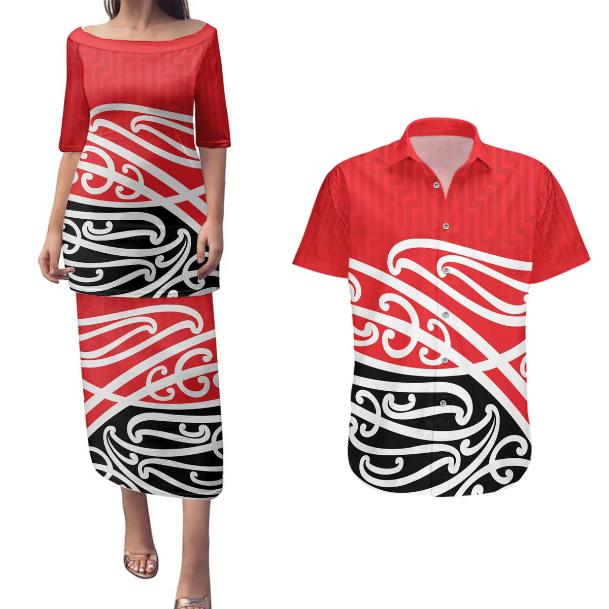 All Red New Zealand Kowhai Ngutukak Couples Matching Puletasi and Hawaiian Shirt LT9 Red - Polynesian Pride