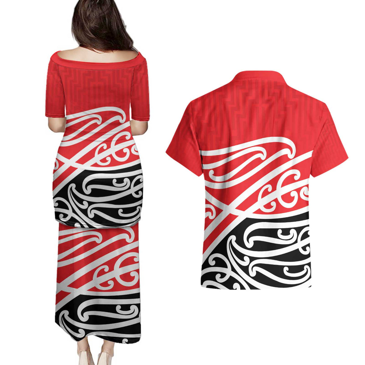 All Red New Zealand Kowhai Ngutukak Couples Matching Puletasi and Hawaiian Shirt LT9 - Polynesian Pride