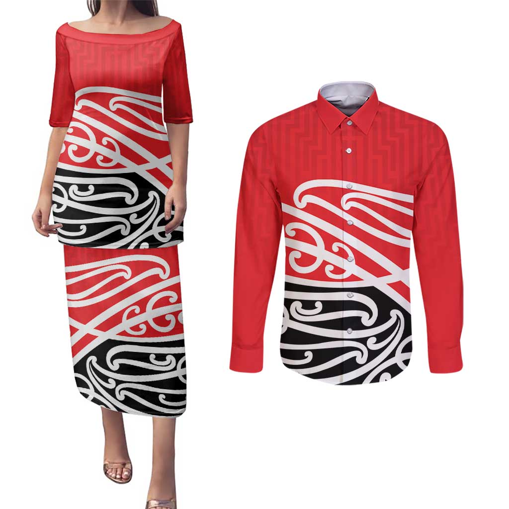 All Red New Zealand Kowhai Ngutukak Couples Matching Puletasi and Long Sleeve Button Shirt LT9 Red - Polynesian Pride