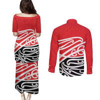 All Red New Zealand Kowhai Ngutukak Couples Matching Puletasi and Long Sleeve Button Shirt LT9 - Polynesian Pride