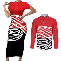All Red New Zealand Kowhai Ngutukak Couples Matching Short Sleeve Bodycon Dress and Long Sleeve Button Shirt LT9 Red - Polynesian Pride