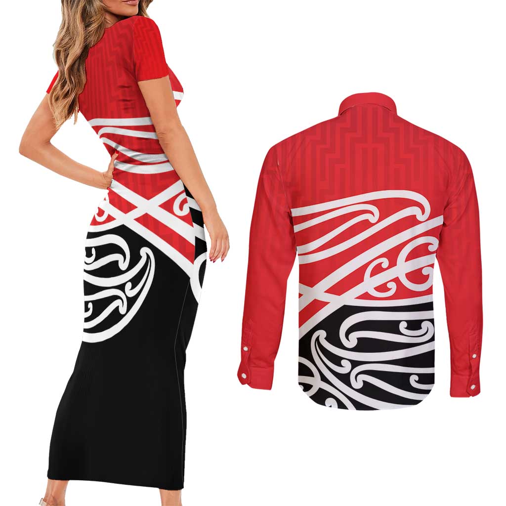 All Red New Zealand Kowhai Ngutukak Couples Matching Short Sleeve Bodycon Dress and Long Sleeve Button Shirt LT9 - Polynesian Pride