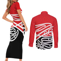 All Red New Zealand Kowhai Ngutukak Couples Matching Short Sleeve Bodycon Dress and Long Sleeve Button Shirt LT9 - Polynesian Pride