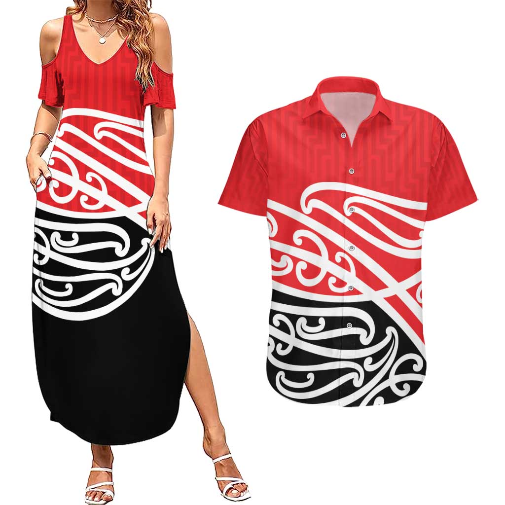 All Red New Zealand Kowhai Ngutukak Couples Matching Summer Maxi Dress and Hawaiian Shirt LT9 Red - Polynesian Pride