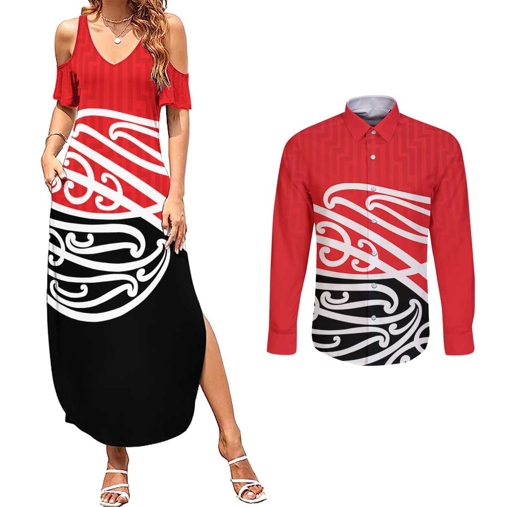 All Red New Zealand Kowhai Ngutukak Couples Matching Summer Maxi Dress and Long Sleeve Button Shirt LT9 Red - Polynesian Pride