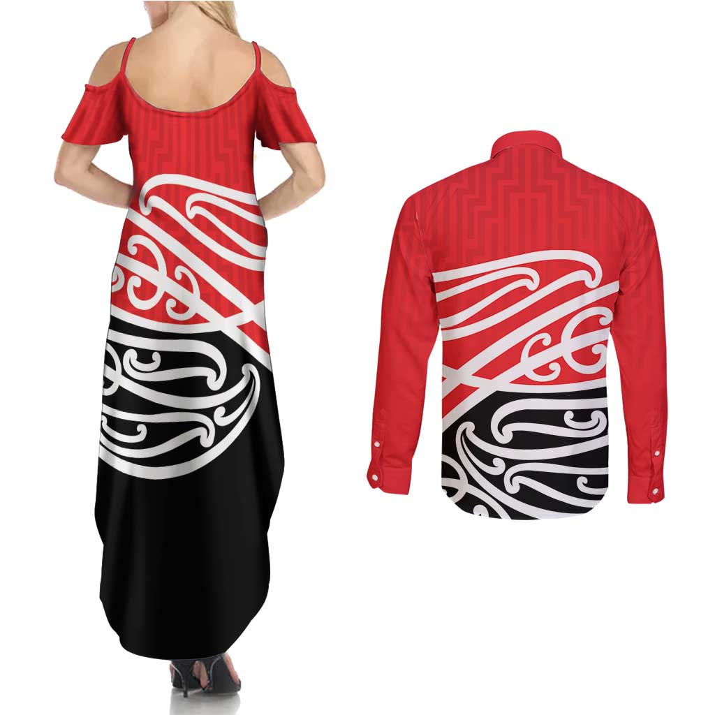 All Red New Zealand Kowhai Ngutukak Couples Matching Summer Maxi Dress and Long Sleeve Button Shirt LT9 - Polynesian Pride