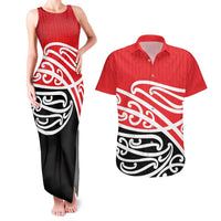 All Red New Zealand Kowhai Ngutukak Couples Matching Tank Maxi Dress and Hawaiian Shirt LT9 Red - Polynesian Pride
