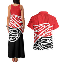 All Red New Zealand Kowhai Ngutukak Couples Matching Tank Maxi Dress and Hawaiian Shirt LT9 - Polynesian Pride