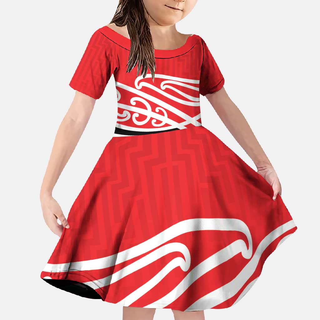 All Red New Zealand Kowhai Ngutukak Family Matching Long Sleeve Bodycon Dress and Hawaiian Shirt LT9 Daughter's Dress Red - Polynesian Pride