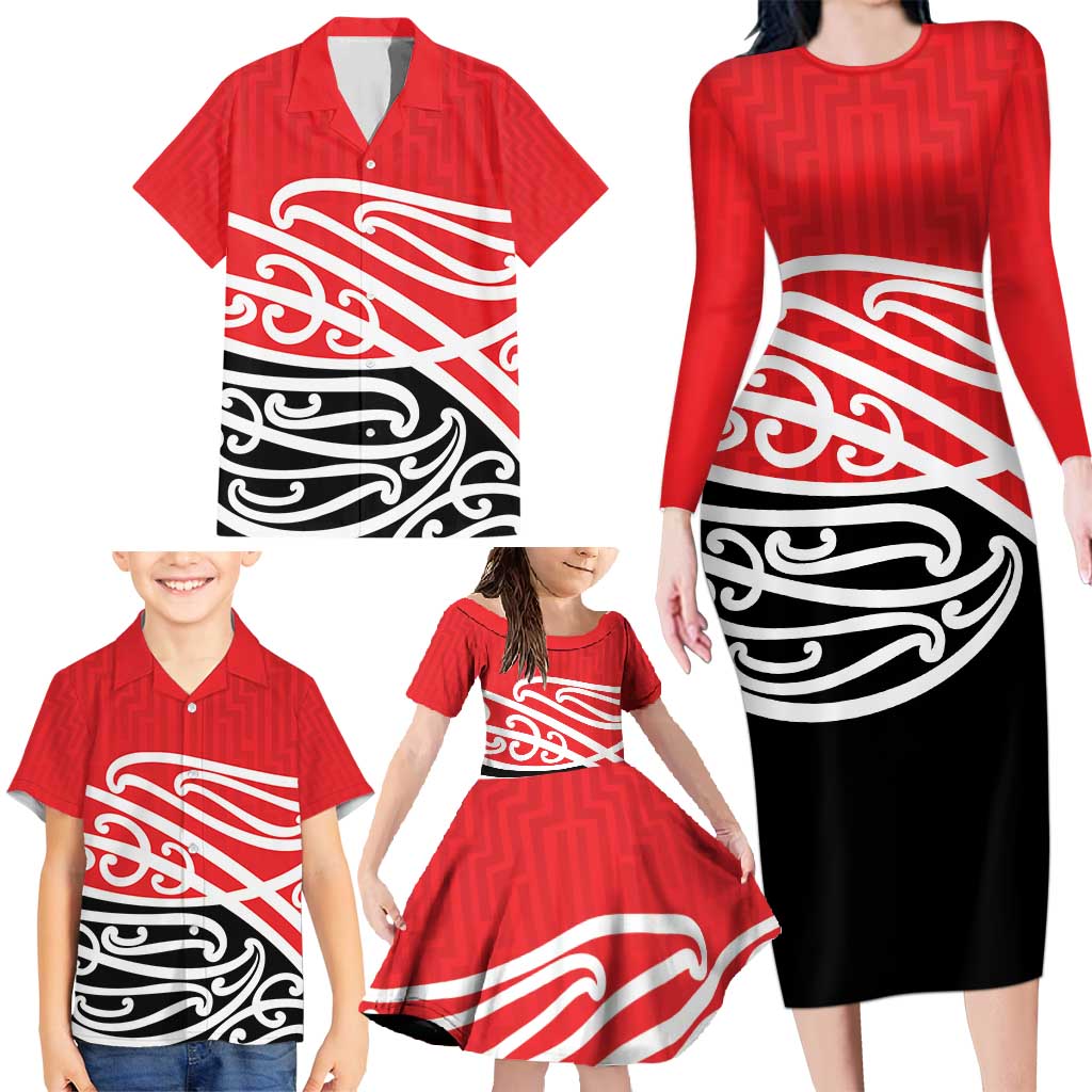 All Red New Zealand Kowhai Ngutukak Family Matching Long Sleeve Bodycon Dress and Hawaiian Shirt LT9 - Polynesian Pride