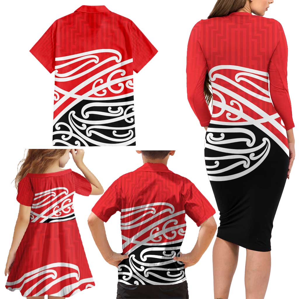 All Red New Zealand Kowhai Ngutukak Family Matching Long Sleeve Bodycon Dress and Hawaiian Shirt LT9 - Polynesian Pride