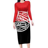 All Red New Zealand Kowhai Ngutukak Family Matching Long Sleeve Bodycon Dress and Hawaiian Shirt LT9 Mom's Dress Red - Polynesian Pride