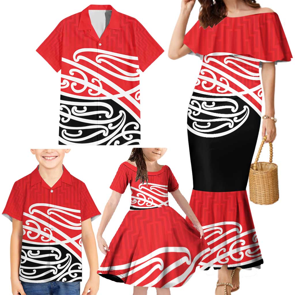All Red New Zealand Kowhai Ngutukak Family Matching Mermaid Dress and Hawaiian Shirt LT9 - Polynesian Pride