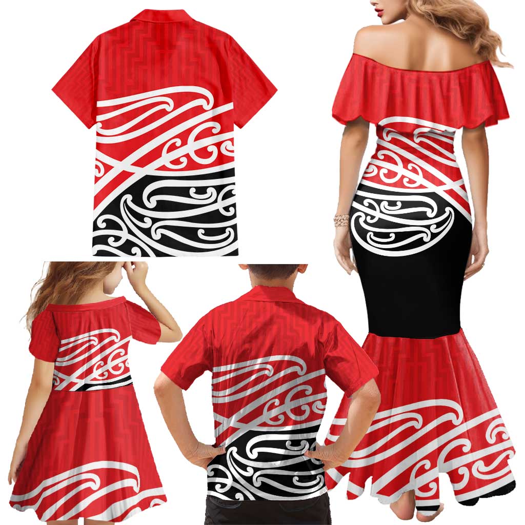 All Red New Zealand Kowhai Ngutukak Family Matching Mermaid Dress and Hawaiian Shirt LT9 - Polynesian Pride