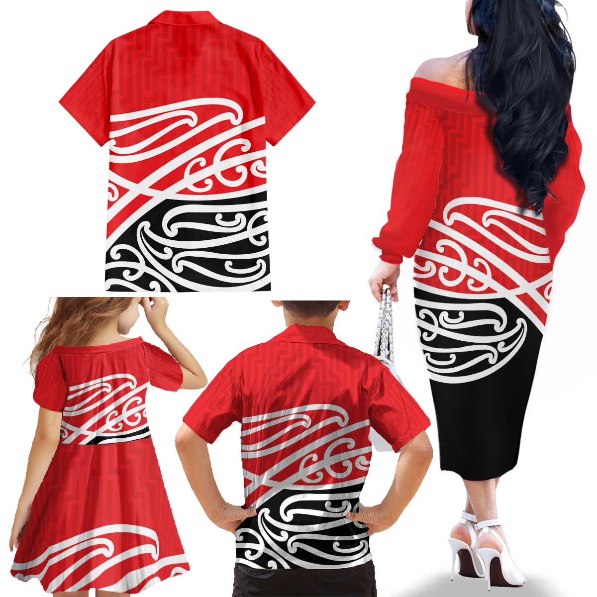 All Red New Zealand Kowhai Ngutukak Family Matching Off The Shoulder Long Sleeve Dress and Hawaiian Shirt LT9 - Polynesian Pride