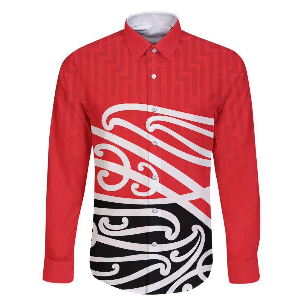 All Red New Zealand Kowhai Ngutukak Family Matching Off Shoulder Maxi Dress and Hawaiian Shirt LT9 Dad's Shirt - Long Sleeve Red - Polynesian Pride