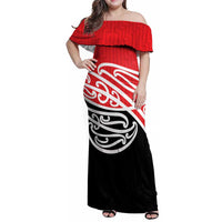 All Red New Zealand Kowhai Ngutukak Family Matching Off Shoulder Maxi Dress and Hawaiian Shirt LT9 Mom's Dress Red - Polynesian Pride