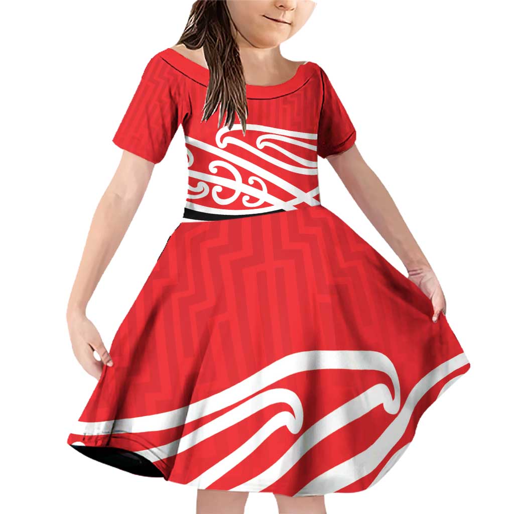 All Red New Zealand Kowhai Ngutukak Family Matching Off Shoulder Short Dress and Hawaiian Shirt LT9 Daughter's Dress Red - Polynesian Pride