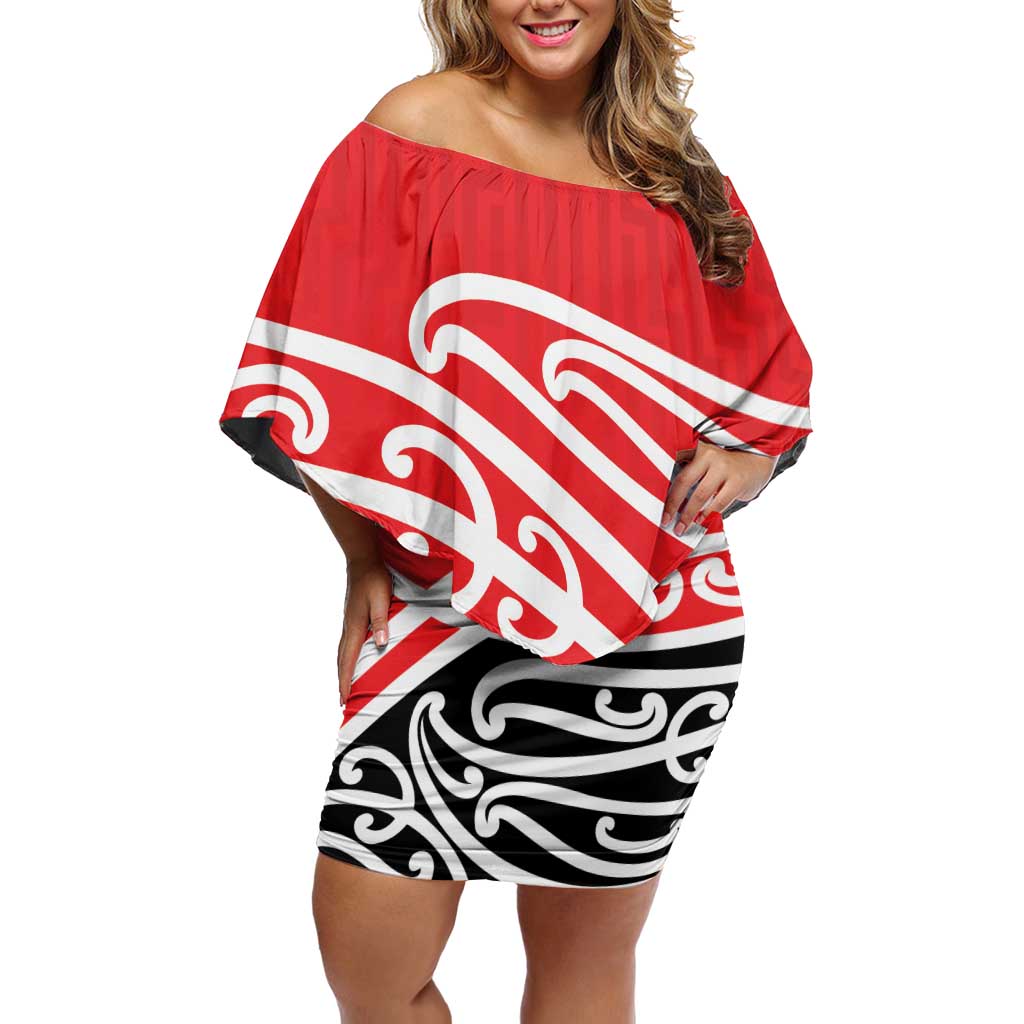All Red New Zealand Kowhai Ngutukak Family Matching Off Shoulder Short Dress and Hawaiian Shirt LT9 Mom's Dress Red - Polynesian Pride