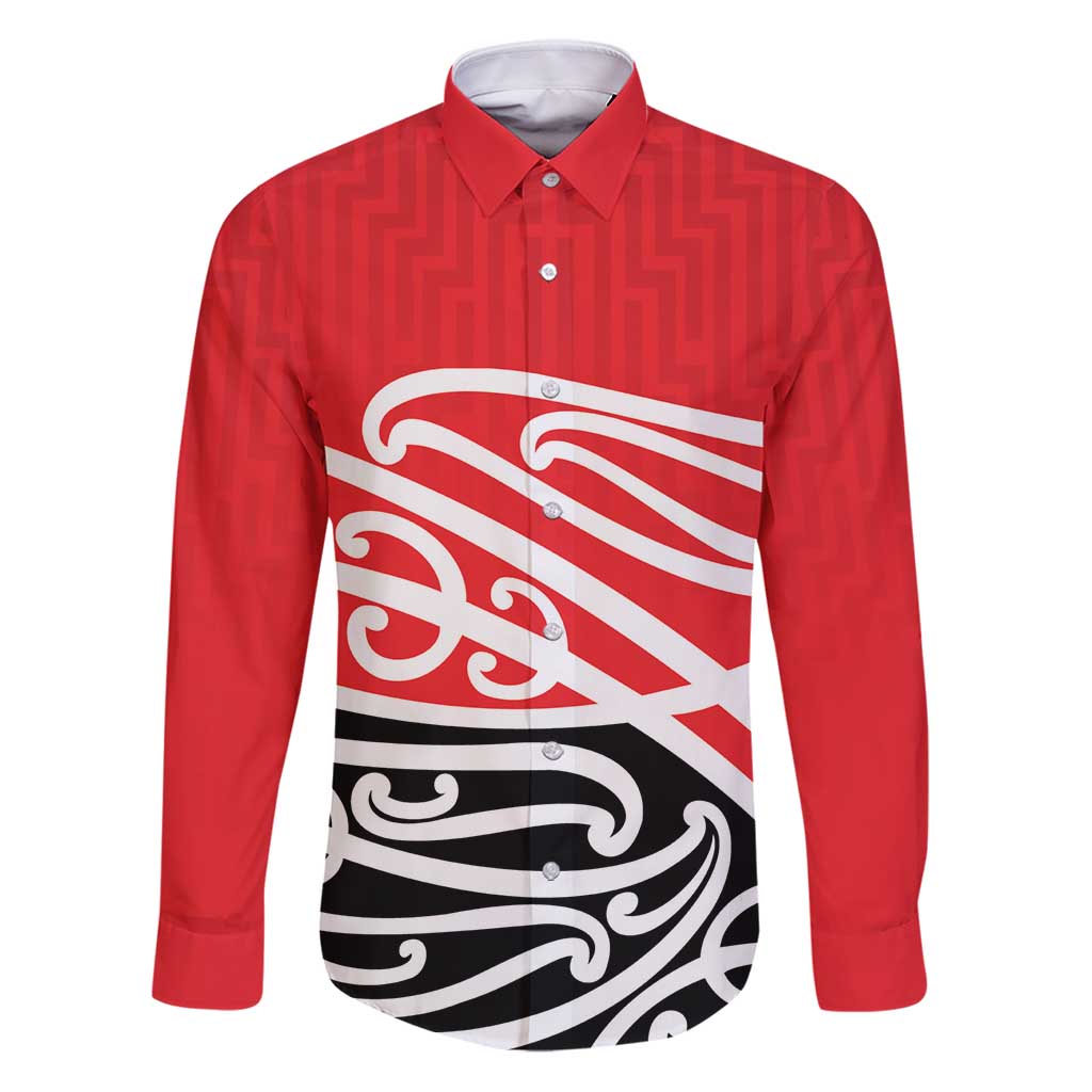 All Red New Zealand Kowhai Ngutukak Family Matching Puletasi and Hawaiian Shirt LT9 Dad's Shirt - Long Sleeve Red - Polynesian Pride