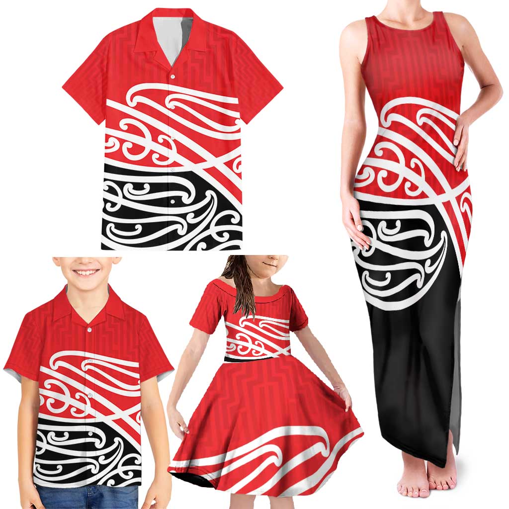 All Red New Zealand Kowhai Ngutukak Family Matching Tank Maxi Dress and Hawaiian Shirt LT9 - Polynesian Pride