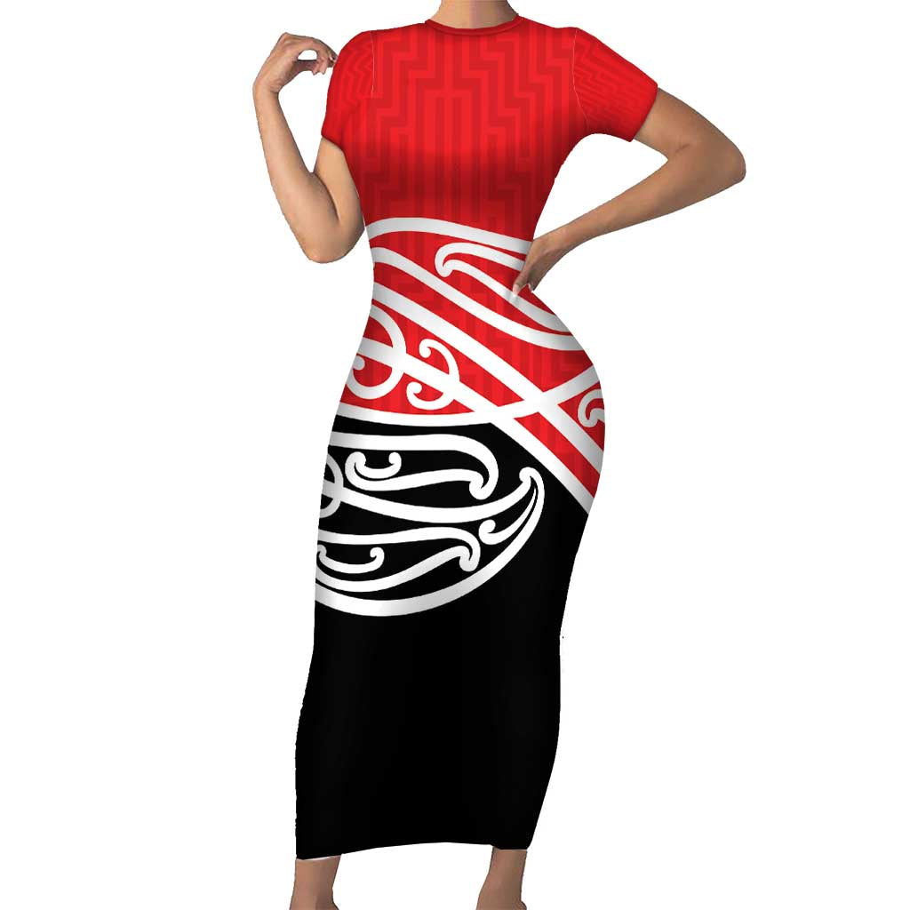 All Red New Zealand Kowhai Ngutukak Short Sleeve Bodycon Dress LT9 Long Dress Red - Polynesian Pride