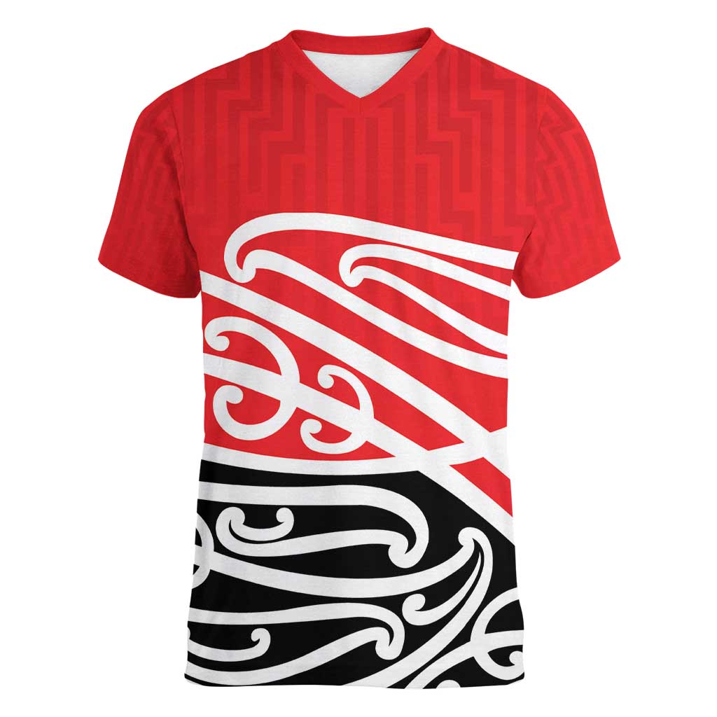 All Red New Zealand Kowhai Ngutukak Women V-Neck T-Shirt LT9 Female Red - Polynesian Pride