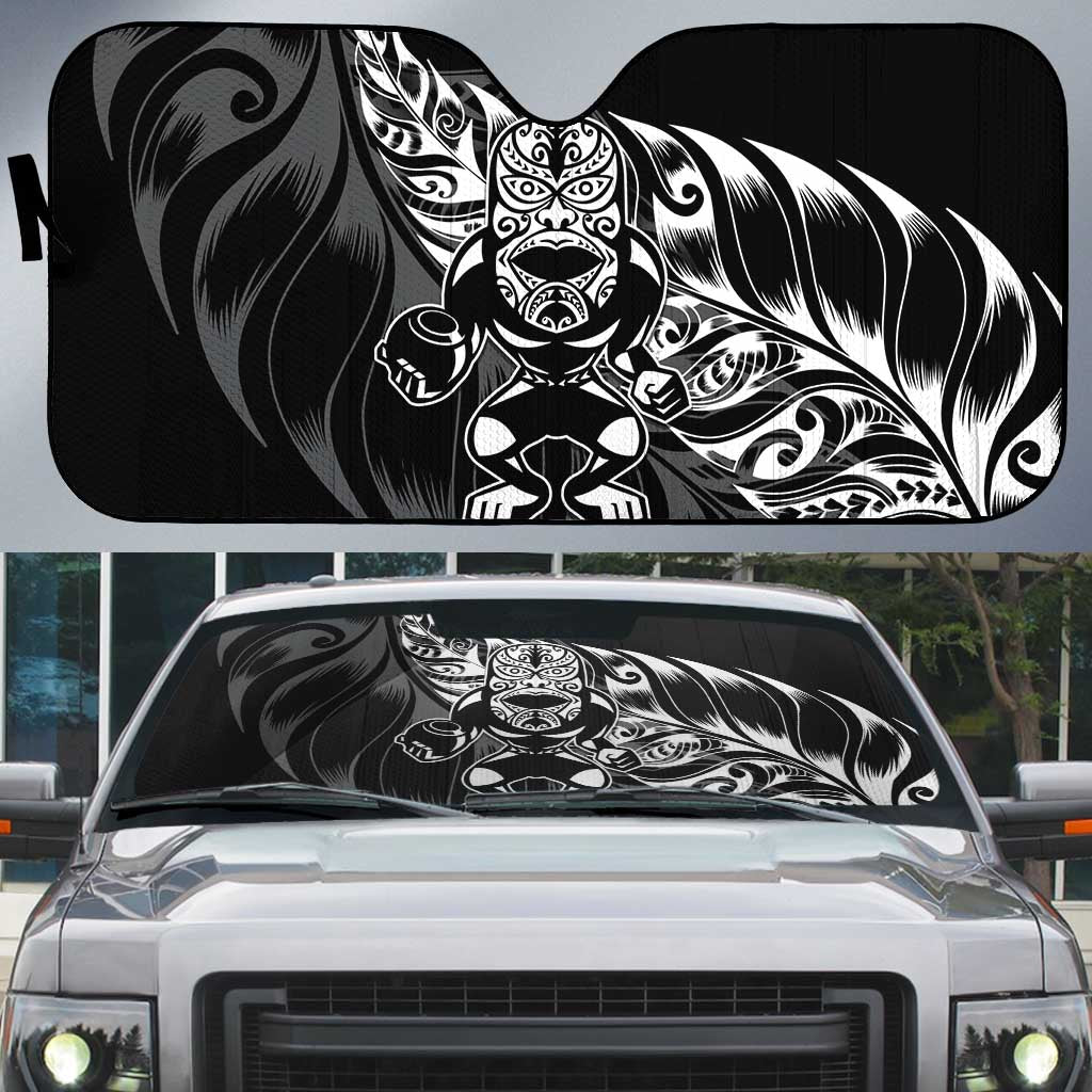 New Zealand Lawn Bowls Auto Sun Shade Black Maori Warrior Tribal Silver Fern LT9 Black - Polynesian Pride