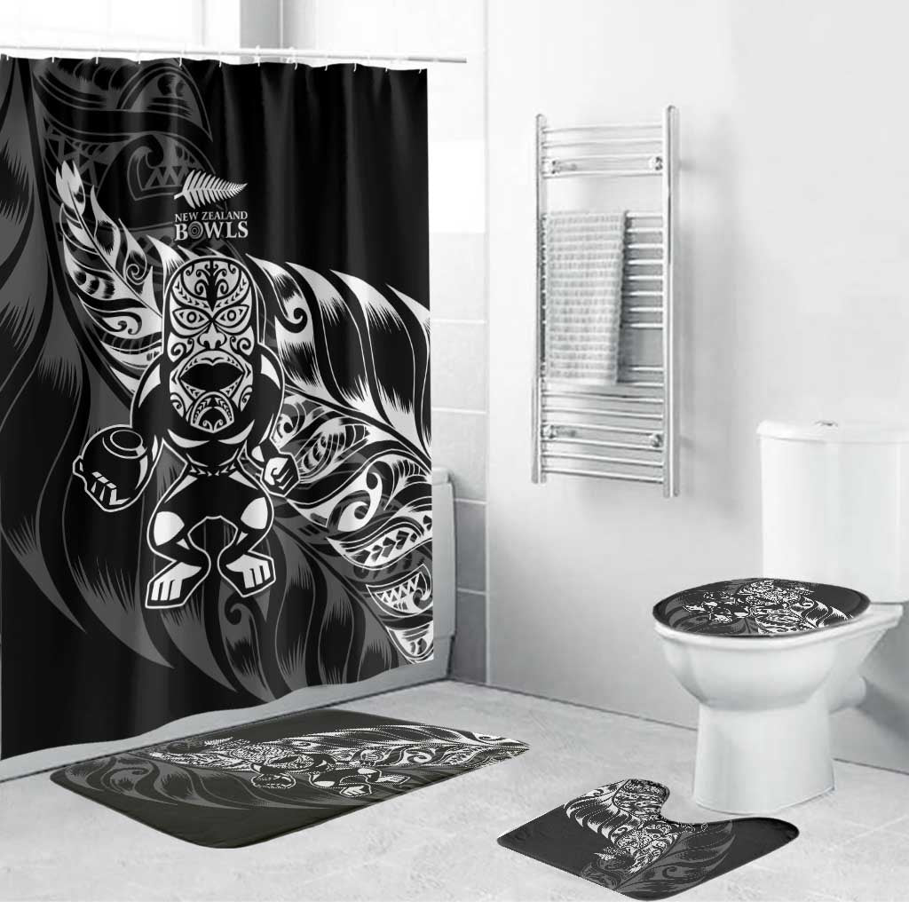 New Zealand Lawn Bowls Bathroom Set Black Maori Warrior Tribal Silver Fern - Polynesian Pride