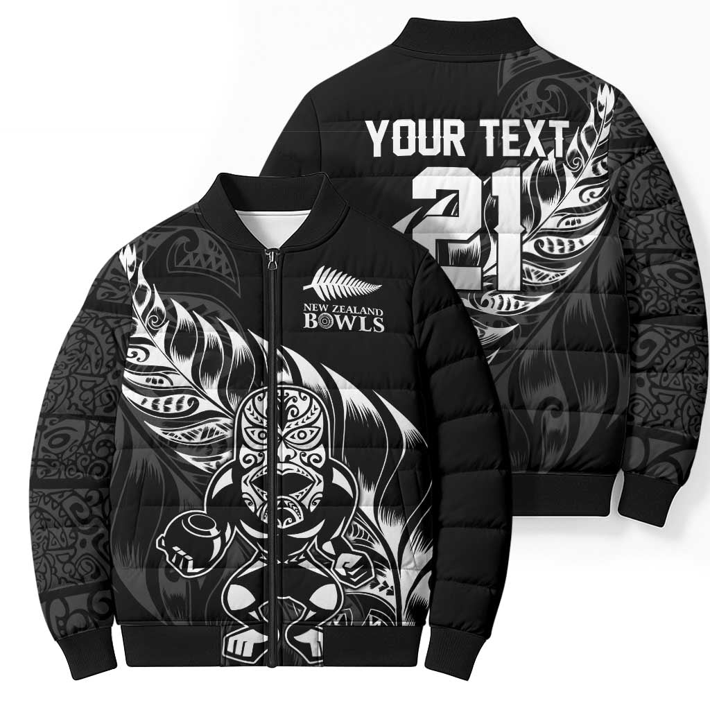 New Zealand Lawn Bowls Custom Bomber Puffer Jacket Black Maori Warrior Tribal Silver Fern - Polynesian Pride