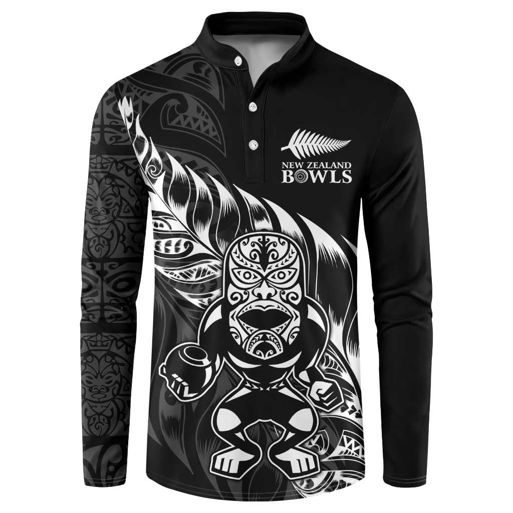 New Zealand Lawn Bowls Custom Button Sweatshirt Black Maori Warrior Tribal Silver Fern LT9 Black - Polynesian Pride