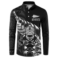New Zealand Lawn Bowls Custom Button Sweatshirt Black Maori Warrior Tribal Silver Fern LT9 Black - Polynesian Pride