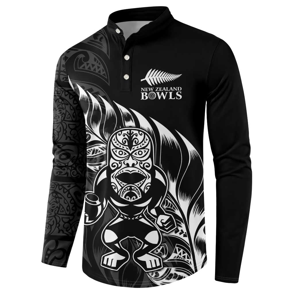 New Zealand Lawn Bowls Custom Button Sweatshirt Black Maori Warrior Tribal Silver Fern LT9 - Polynesian Pride