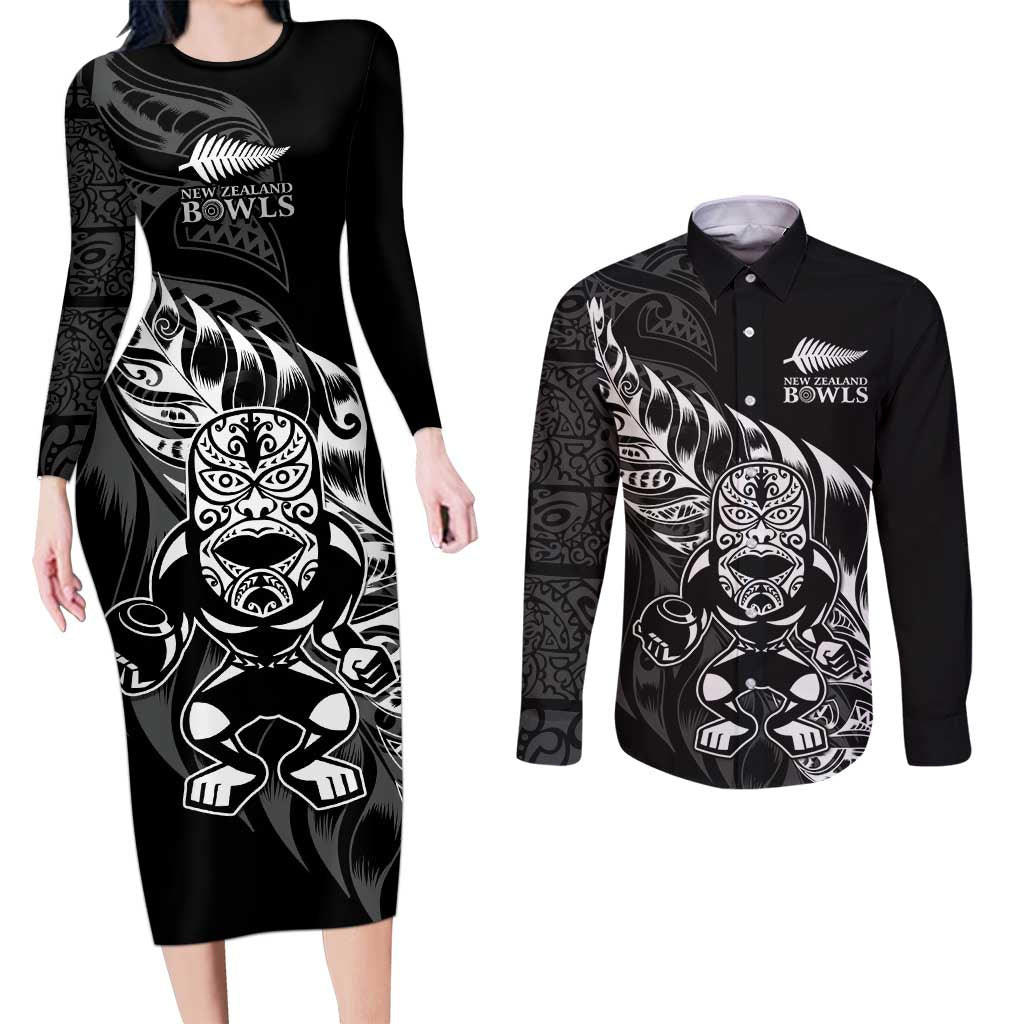 New Zealand Lawn Bowls Custom Couples Matching Long Sleeve Bodycon Dress and Long Sleeve Button Shirt Black Maori Warrior Tribal Silver Fern LT9 Black - Polynesian Pride